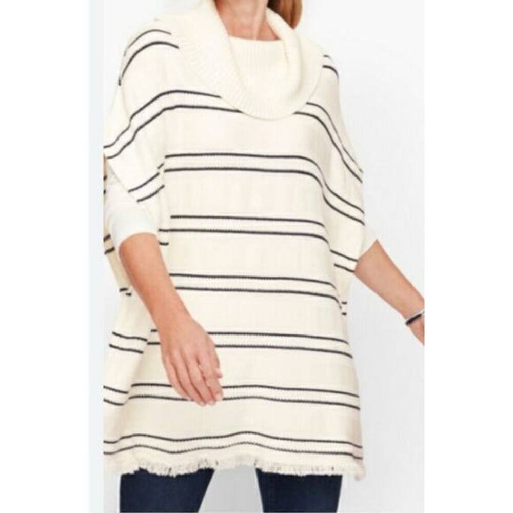 Talbots Black White Stripe Cowl Poncho pullover button detail size XS / Small